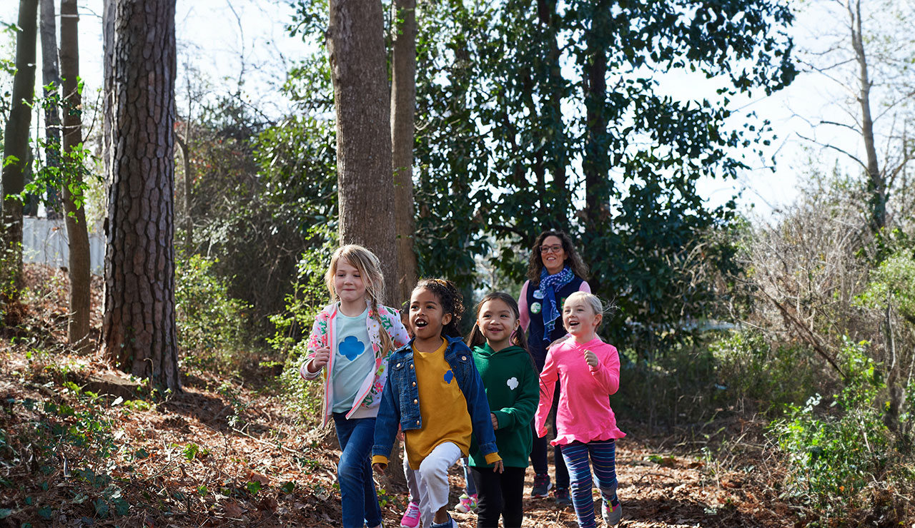 group of young girl scout daisies hiking with adult volunteer